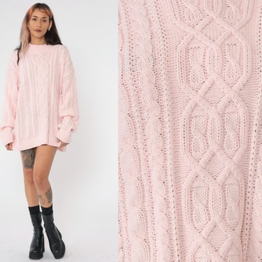 Vintage Pink Cable Knit Sweater 90s Mock Neck Sweater Pastel Pullover Retro Normcore Textured Acrylic Cableknit 1990s Large L 