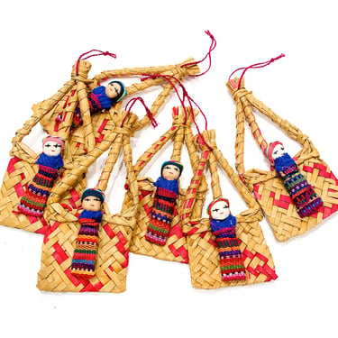 VINTAGE: 1980's - 3 Native Guatemalan Worry Doll Ornaments - Feather Tree - Handmade Dolls - SKU 26-C1-000133557 