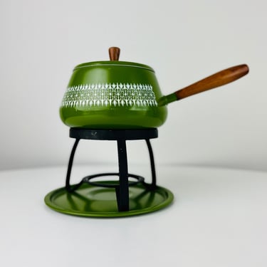 Vintage Fondue Pot, Green Enamel wood handle and lid, 1970s Scandinavian style, great for party, for boho kitchen, mid century modern style 