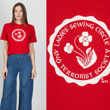 Vintage Ladies Sewing Circle and Terrorist Society T Shirt - Small | 80s Red Rare Graphic Political Tee 
