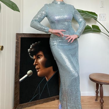 1960s Sequin Blue Silk Chiffon Wiggle Dress with Mockneck and Long Sleeves size Medium 