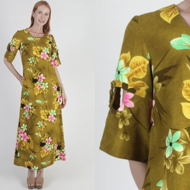 Tropicana Hawaii Tiki Dress, Vintage 60s Hawaii Luau Party Sundress, Long Designer Beach Caftan, Cut Out Bell Sleeves 