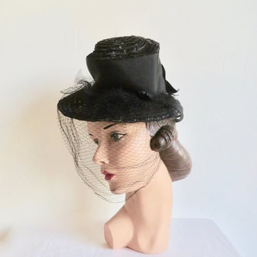 Vintage 1940's Black Straw Tilt Topper Suitor Style Hat with Veil New York Creation Rockabilly Equestrian Style WW2 Era 40's Millinery 