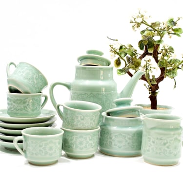 VINTAGE: Korean Celadon Glaze Ceramic Tea set - Cups, Saucers, Teapot, Cramer Bowl, Sugar Bowl - Asian Tea Set - SKU 31-C-00032251 