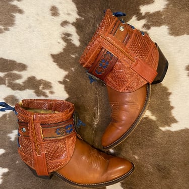 Handcrafted Whiskey Leather and Genuine Snakeskin Acme Cowgirl Ankle Booties women’s size 7 C 