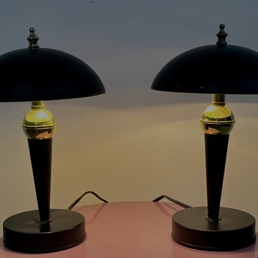 Vintage 80s Pair Black and Gold Post Modern Table Lamps 