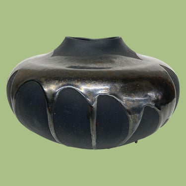 Vintage Haeger Vase Retro 1980s Mid Century Modern + Raku Collection + 4416 + Black Matte Ceramic + Bronze Drip Glaze + Vessel + Home Decor 