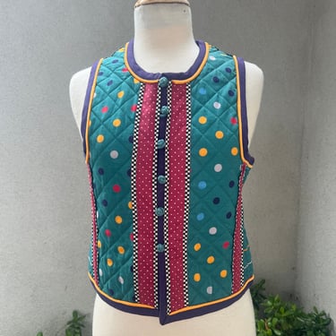 Vintage 80s quilted vest multicolor green red tones Small by Jill Goldschmid 