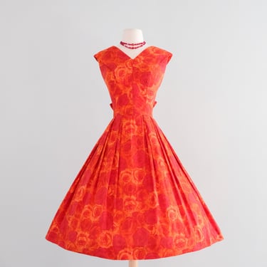 Gorgeous 1950's Blood Orange Rose Cotton Dress by Kane Weill / M