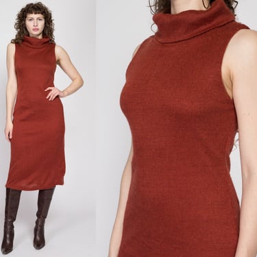 Medium 80s Burnt Orange Knit Turtleneck Sweater Dress | Vintage Sleeveless Collared Midi Dress 