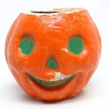 Antique 1950's Halloween J O L Candy Container, Vintage Orange Pulp Paper Mache Jack-O-Lantern Nut Cup 