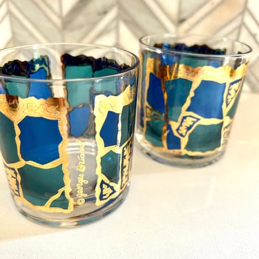 Stunning MCM Georges Briard Europa Pattern Lowball Cocktail Glasses, Set of 2, Blue, Emerald Green, 22K Gold Abstract, Vintage Glass Barware 