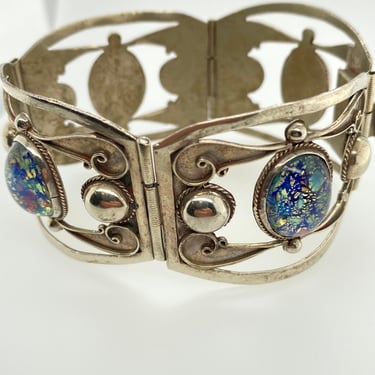 Vintage Taxco Mexico Confetti Opal Glass Sterling Silver Hinged Linked Bracelet 
