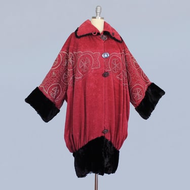 RARE 1920s Coat / Late 1910s Early 20s Red Mohair Cocoon Coat / Embroidered / Fur Trim / Drapey Evening Cloak 