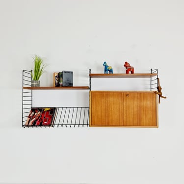 Wall-mounted original Swedish string shelf system, bookcase cabinet teak by Nils & Kajsa Strinning, 1960s 