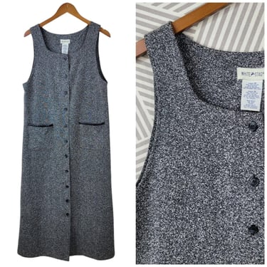 Vintage Overall Dress Size Medium Long Sleeveless Tweed Gray Button Up Front 