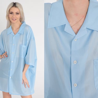 Sheer Blue Shirt 80s Striped Button Up Shirt Retro Preppy Collared Top Basic Simple Chest Pocket Short Sleeve Vintage 1980s Mens 3XL Tall 