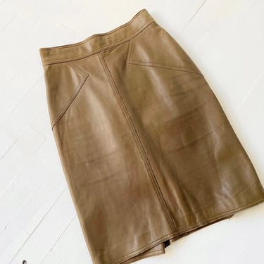 1980s Alaïa Olive Green Leather Pencil Skirt 