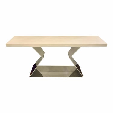 Organic Modern Light Beige Wood and Polished Steel Console Table