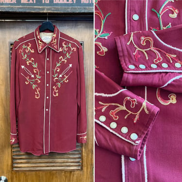 Vintage 1950’s “California Ranchwear” Western Cowboy Gabardine Rockabilly Shirt, 50’s Snap Button Shirt, Vintage Clothing 