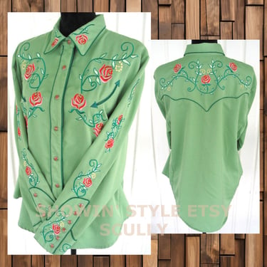 Vintage Retro Women's Cowgirl Western Shirt by Scully, Rodeo Blouse, Embroiderd Pink Roses, Green Leaves, Tag Size Large (see meas. photo) 