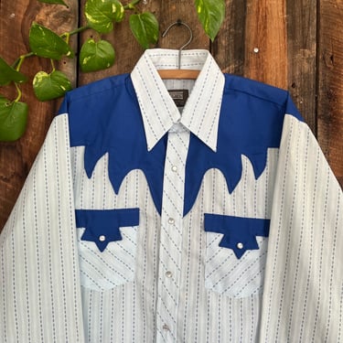 Vintage 80s Western Striped Blue Accent Pearl Snap Shirt Size L 