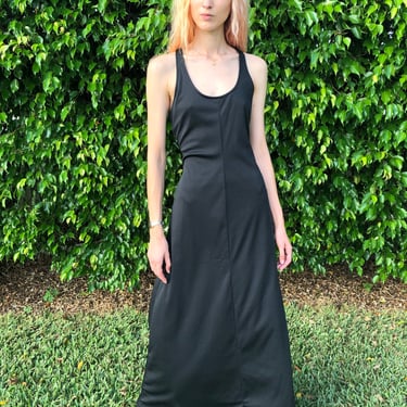 1970s Maxi Dress / Racerback Scoop Neck Date Dress / Black Summer Evening Gown / Poly Jersey Dress / Seventies Disco Era / Scarface Dress 