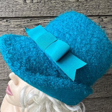 vintage turquoise boucle hat mod fuzzy big bow bucket chapeau 