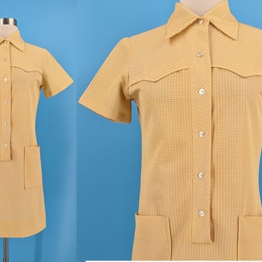 Vintage Seventies XS Yellow Western Dress - 70s XS Waitress Mini Dress - Half Button Short Sleeve Mini Dress 