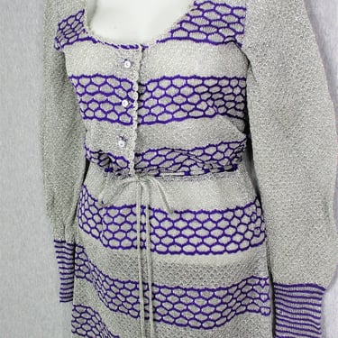 1960- 70s - Twiggy Style  Mod-  Silver Metallic  - Purple Stripe - Party Dress - Estimated size XS/S 
