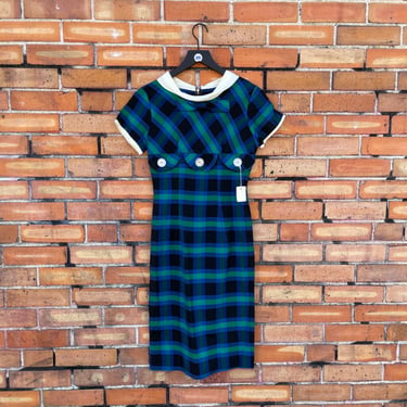 vintage 60s blue green plaid shift dress / xs extra small 