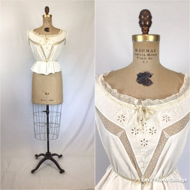 Vintage Edwardian CorsetCover  | Vintage cotton eyelet corset cover | 1910s white batiste tie waist tank top 