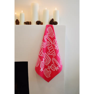 screen printed tea towel. holiday stripe on pink. flour sack cotton. ecofriendly. boho home. hostess gift. christmas. winter. 