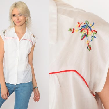 70s Floral Embroidered Blouse White Boho Top Semi-Sheer Blouse Button Up Shirt Bohemian Hippie Cap Sleeve Summer Vintage 1970s Small S 