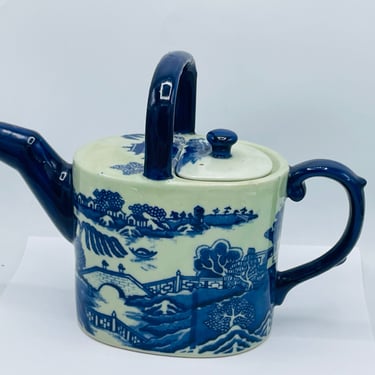 Vintage- Flow Blue Victoria Ware Ironstone Teapot- Traditional Asian Village Scene 