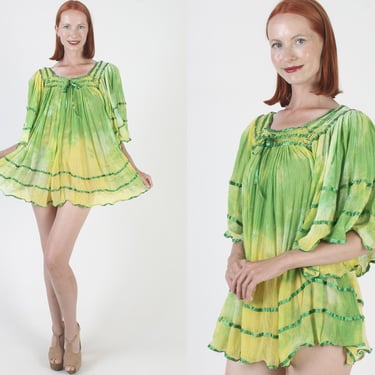 Mexican Gauze Dress, Kimono Bell Sleeves, Crochet Lace Angel Top, Tie Dye Green Cotton Tunic 