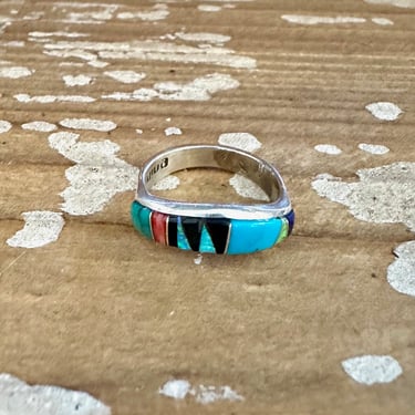 PATTERN PLAY Geometric Inlay Zuni Band Ring | Native American Southwestern Jewelry | Sterling Silver Turquoise Spiny Oyster Jet | Size 7 1/4 