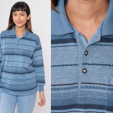 Striped Polo Shirt 90s Tonal Blue Long Sleeve Collared Shirt Retro Preppy Button Up Pullover Nerd Pocket Shirt Vintage 1990s Men's Small 