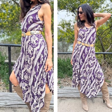 80s 90s India Dress Boho Hippie goddess Babe Bohemian print hanky hem midi dress 