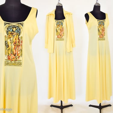 1970s Yellow Polyester Maxi Dress & Jacket | 70s Yellow Silk Screen Dress Coat Set | LeMar | Large 