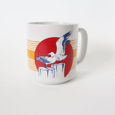 Vintage 80s Oregon Coast Souvenir Mug - Seagulls - Orange Stripes 