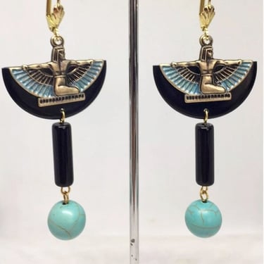 Egyptian Goddess earrings Vintage Art Deco Bakelite & Turquoise Egyptian Revival winged Isis statement  earrings flapper 1920s Art Deco by BakeliteBa