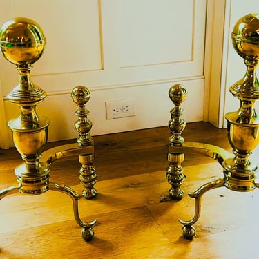 Antique Brass Ball Finial Andirons with Spur Legs