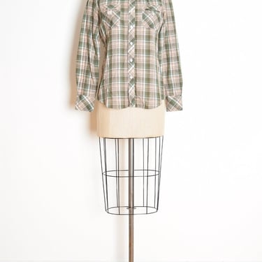 vintage 70s top shirt thin plaid olive green western cowgirl blouse S M clothing 