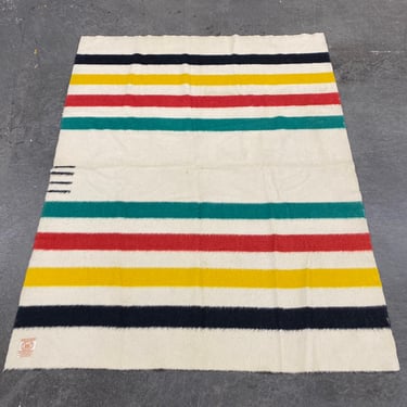 Vintage Hudsons Bay Wool Blanket 1960s Full Size 88x68 Mid Century Modern + Wool + 4 Point + Striped + Cabin or Camping + Textile + England 