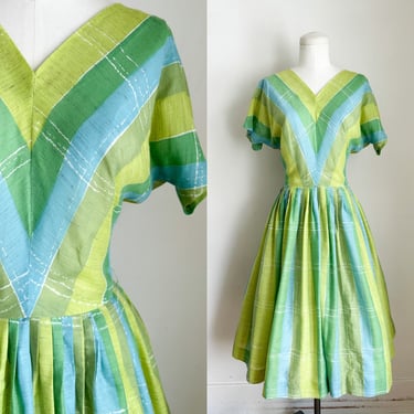 Vintage 1950s Green and Blue Chevron Striped Dress / M 