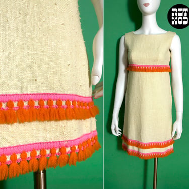 Fabulous Chic Vintage 60s Off-White Natural Wiggle Dress with Pink & Orange Fringe - Tiki Vibes 
