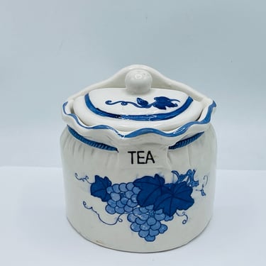 Vintage Tea Container Hanging Wall Pocket Canister Blue White Ceramic Grape Hand Painted Design 