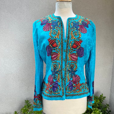 Vintage preppy silk jacket top blue shells design size 12 by Adrianna Papell 