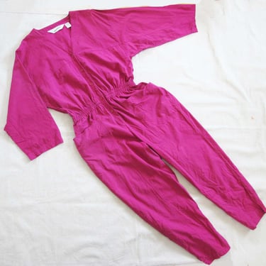 Vintage 80s Diane Von Furstenberg Magenta Pink Womens Jumpsuit L - 1980s Long Sleeve Bright Pink Cotton Boilersuit 
